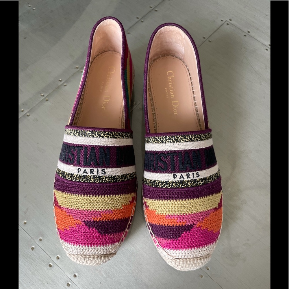 Christian dior Granville burgundy logo multi color linen espadrille flat sz 38